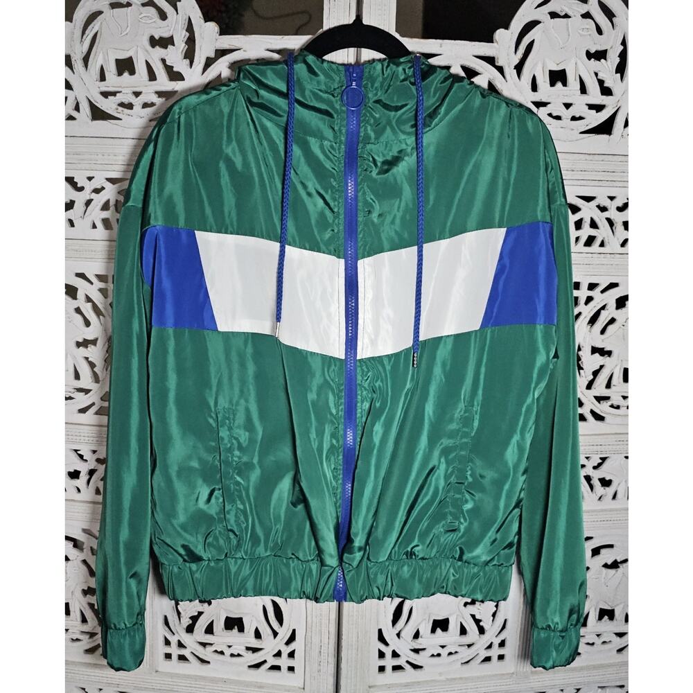 Y2K Outer Edge L Blue Green White Windbreaker Jacket Full Zip Pockets